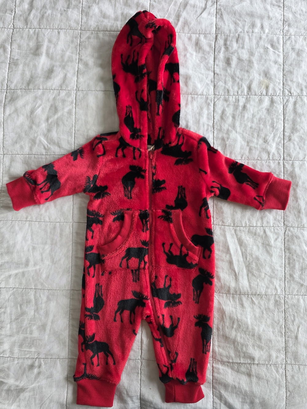 Red Hooded Fleece Baby Jumpsuit with Black Moose Print